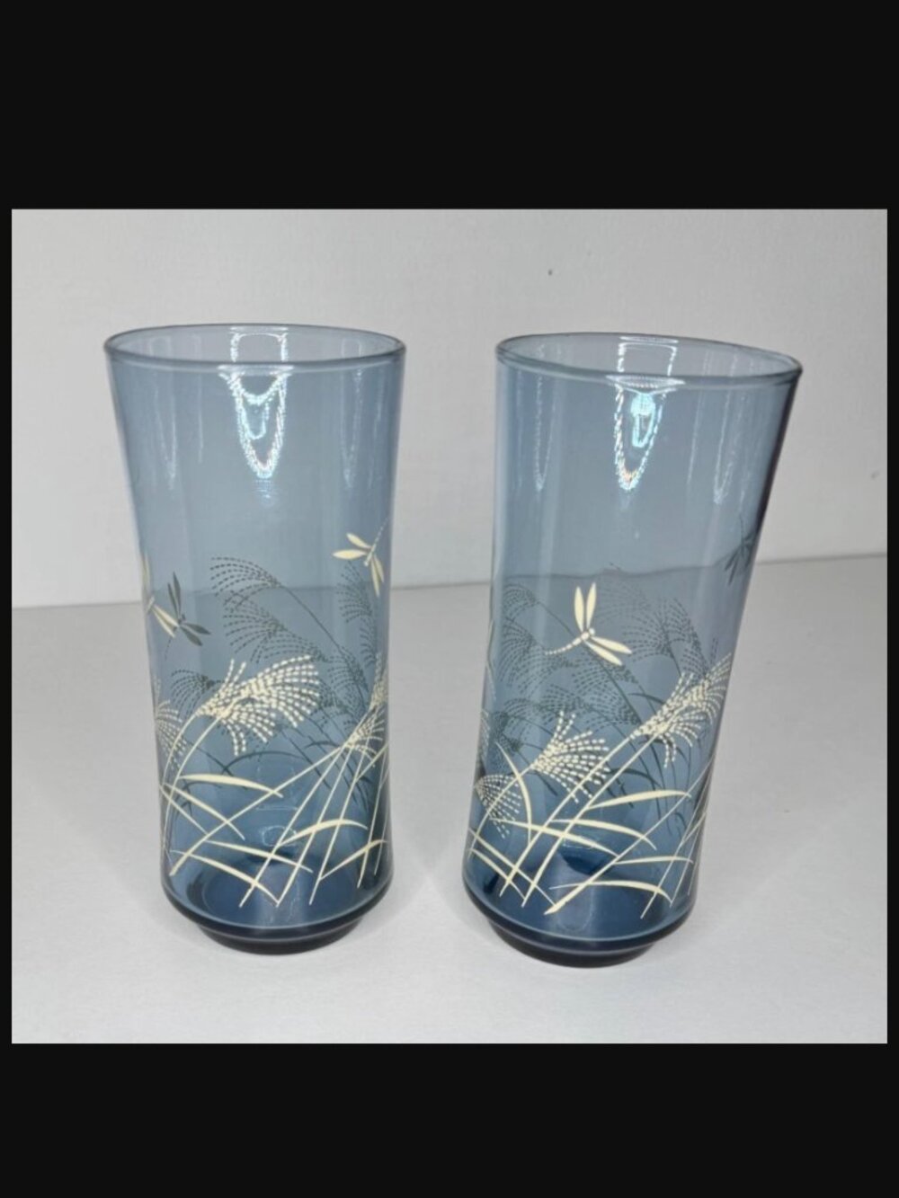 Libbey Bolero Dusky Blue Dragonfly & Wheat Tumblers (2) Vintage MCM